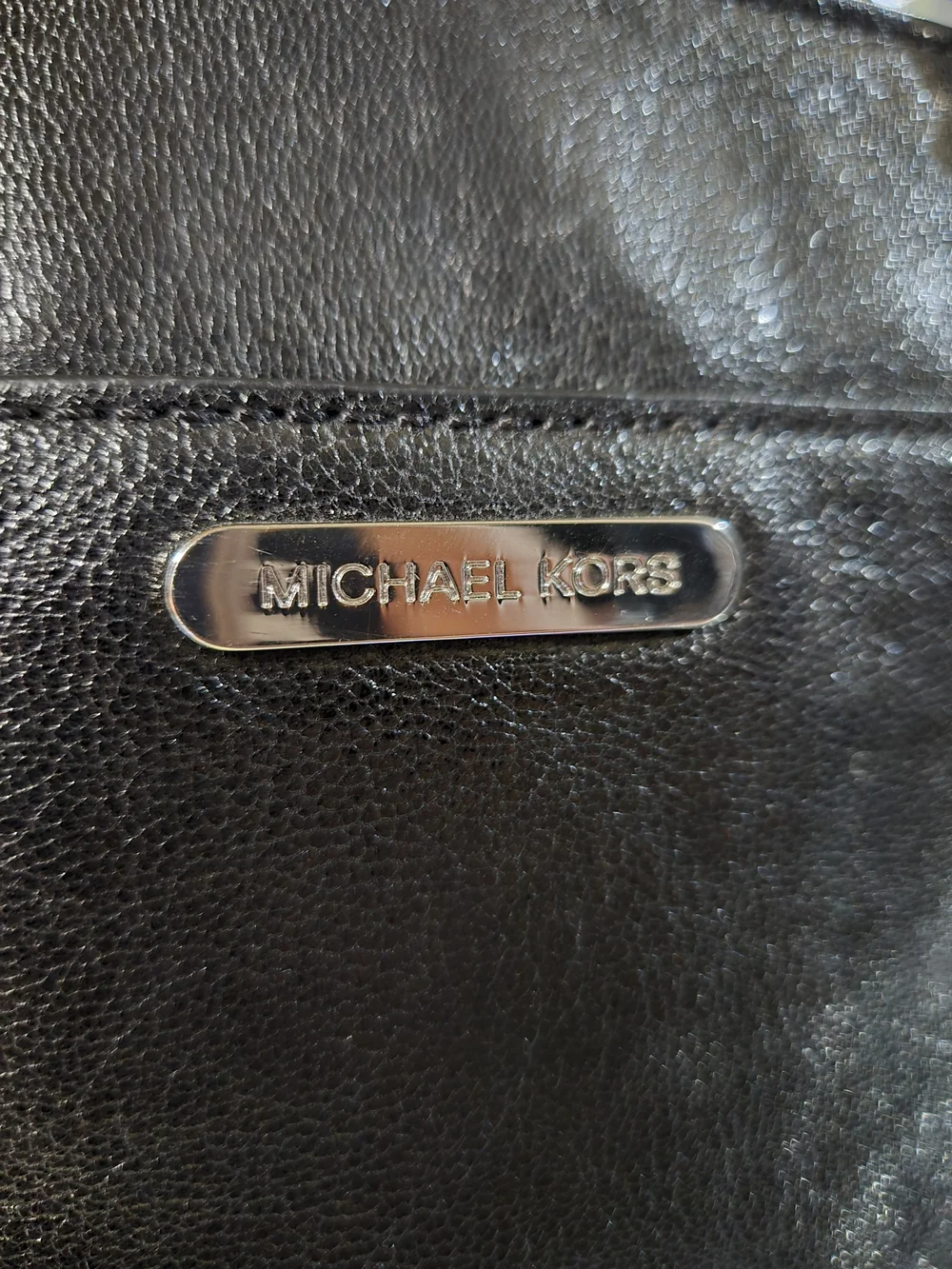 Michael Kors Black Leather Naomi Satchel with Silver-Tone MK Charm